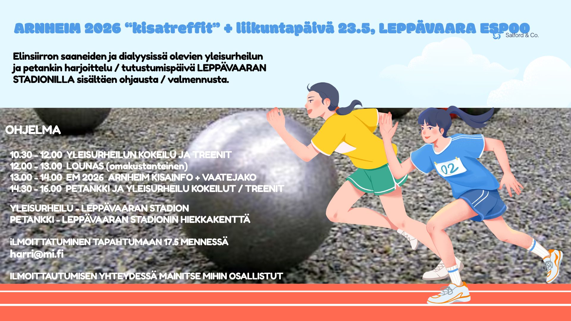 Piirrettyjä juoksijoita ja petankkikenttä tapahtumamainoskuvassa, jossa samat tekstit kuin alla sivun tekstissä.