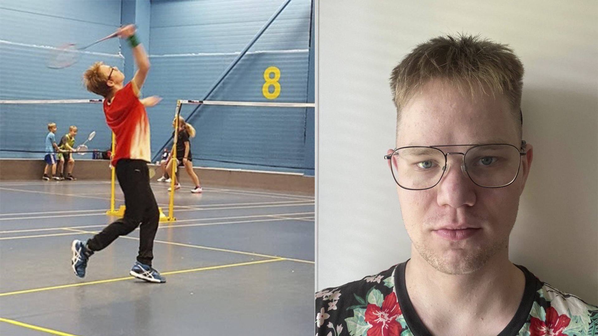 Kuvakollaasi: Perttu Salonen pelaamassa sulkapalloa, Perttu Salosen selfie.