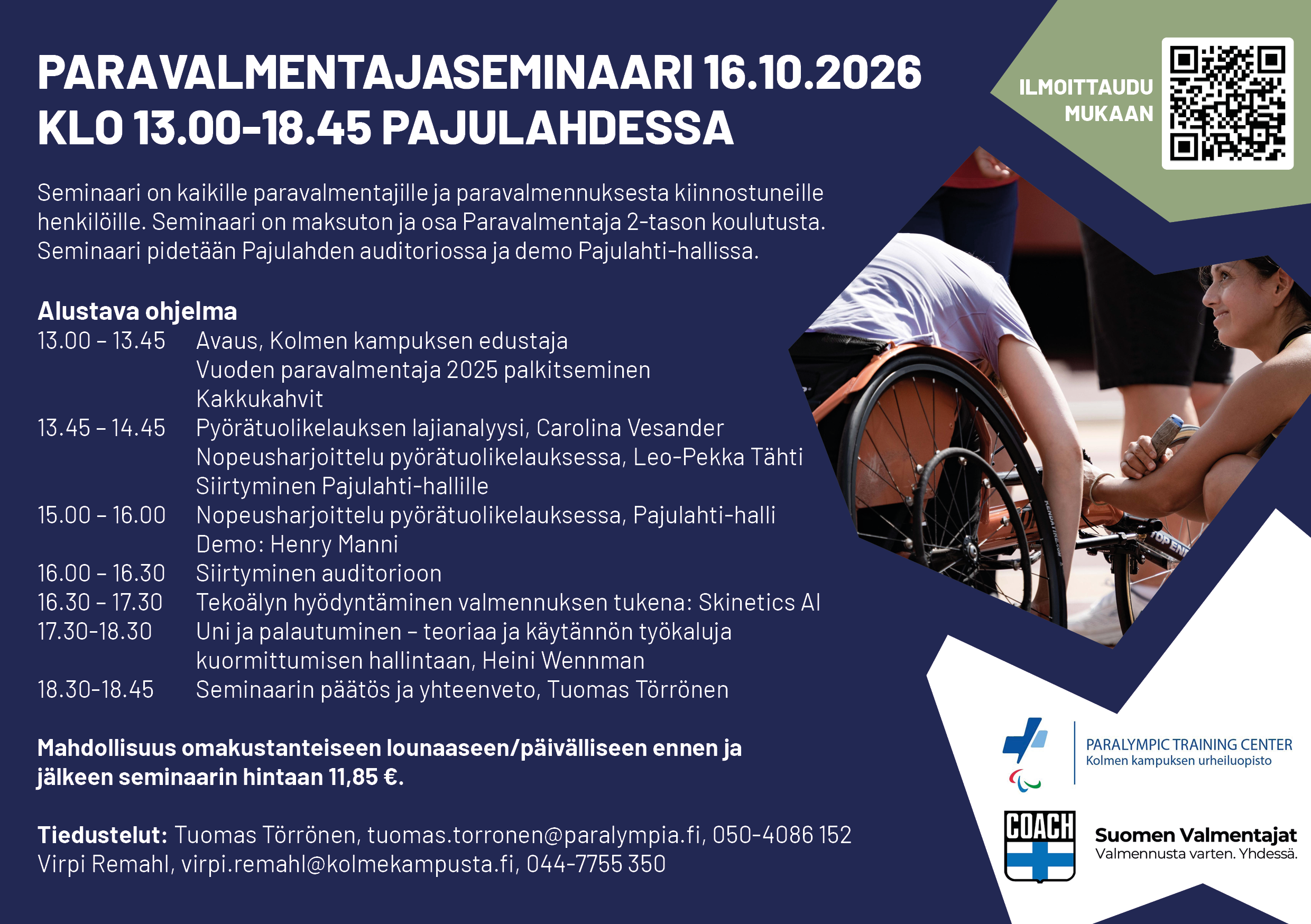 Paravalmentaja-seminaari mainoskuva Kolmen kampuksen urheiluopiston visuaalista ilmettä mukaillen. Kuvassa sama info kuin tässä tapahtumailmoituksessa.