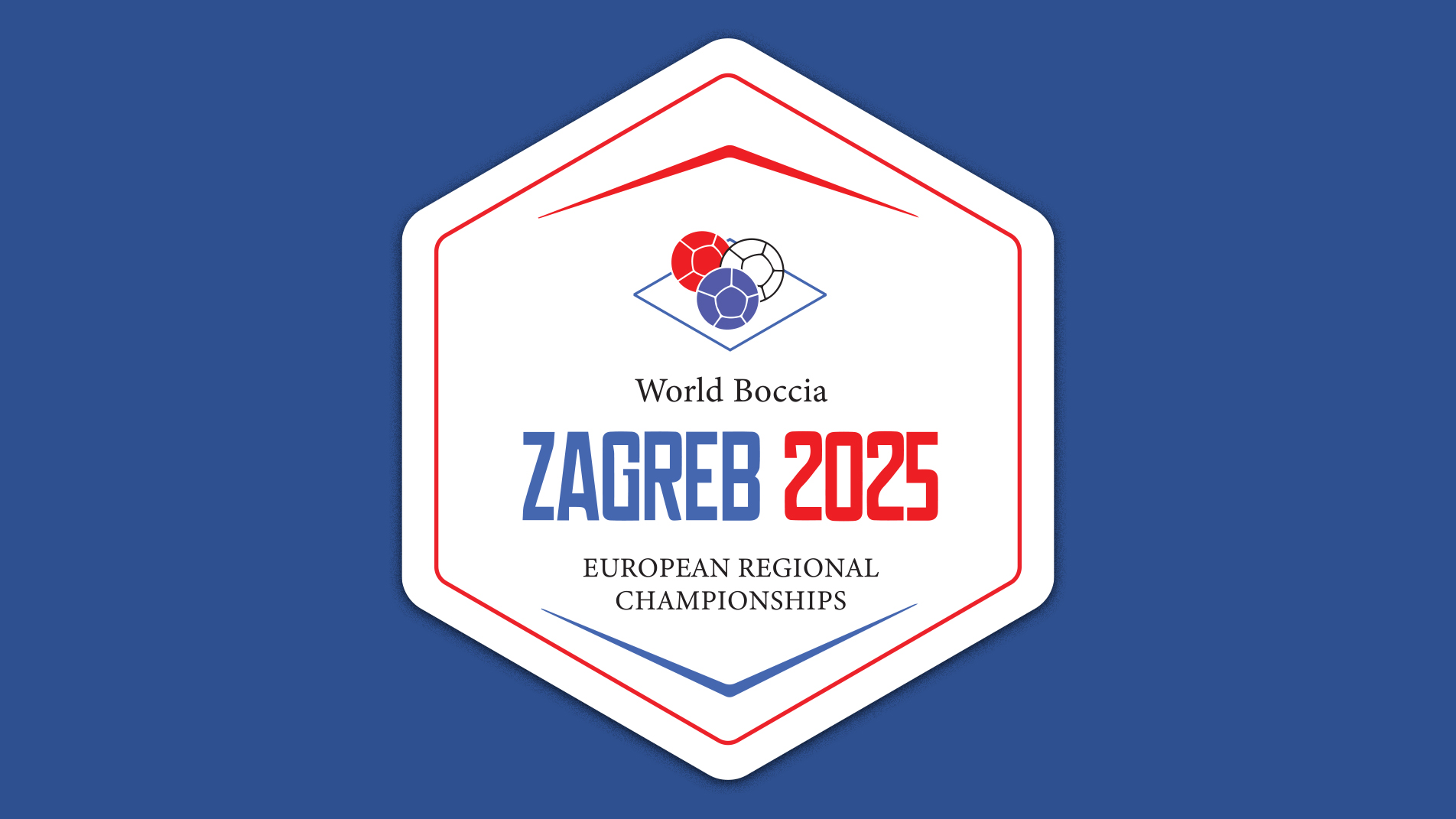 Zagreb 2025 -mainoskuvassa tekstit "World Boccia - Zagreb 2025 European Regional Championships" sekä graafisia elementtejä sinipunaisin värein.