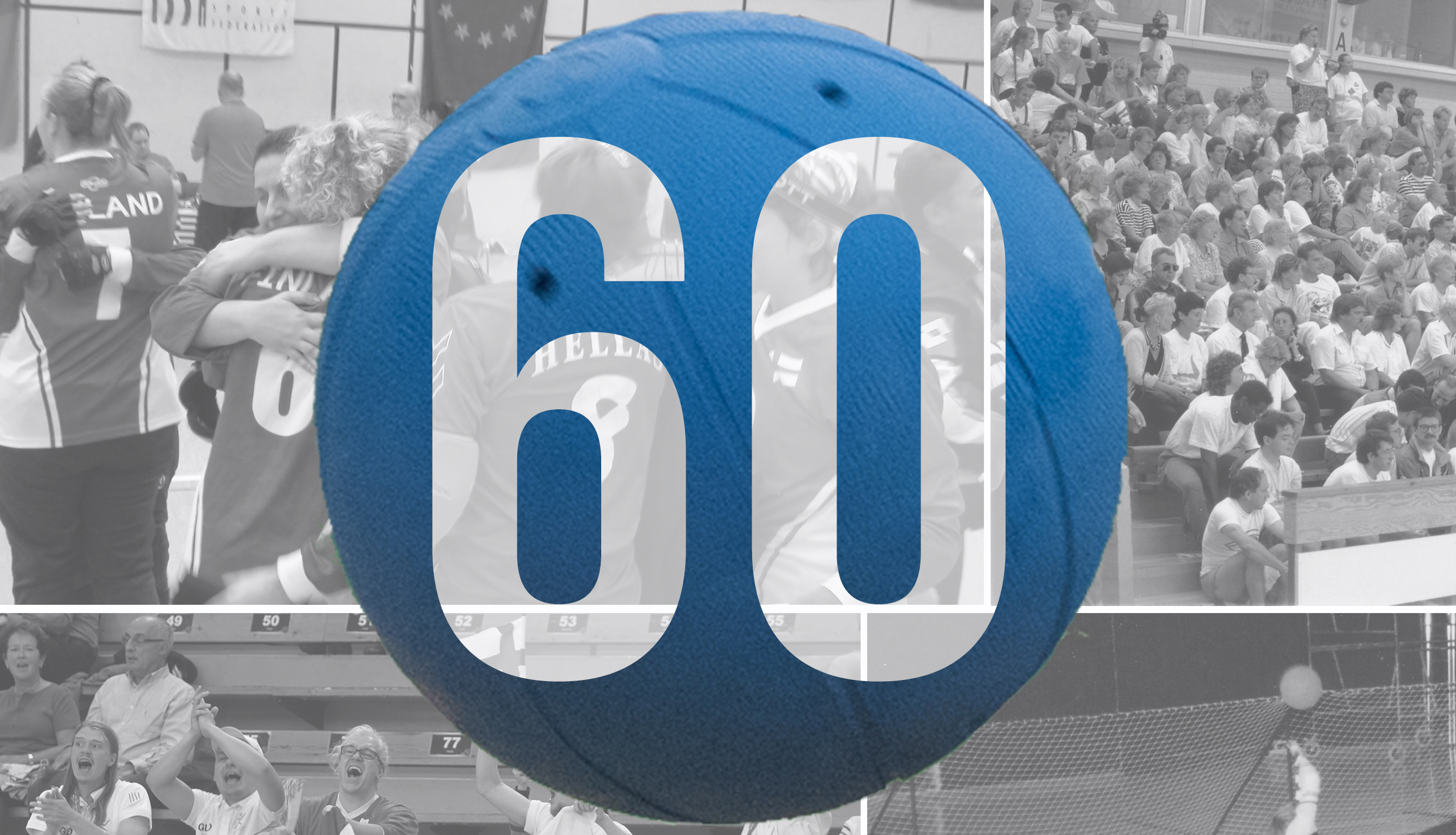 Mustavalkoinen maalipallokuvakollaasi taustalla, päällä värillinen sininen maalipallo, jonka päällä numero 60.