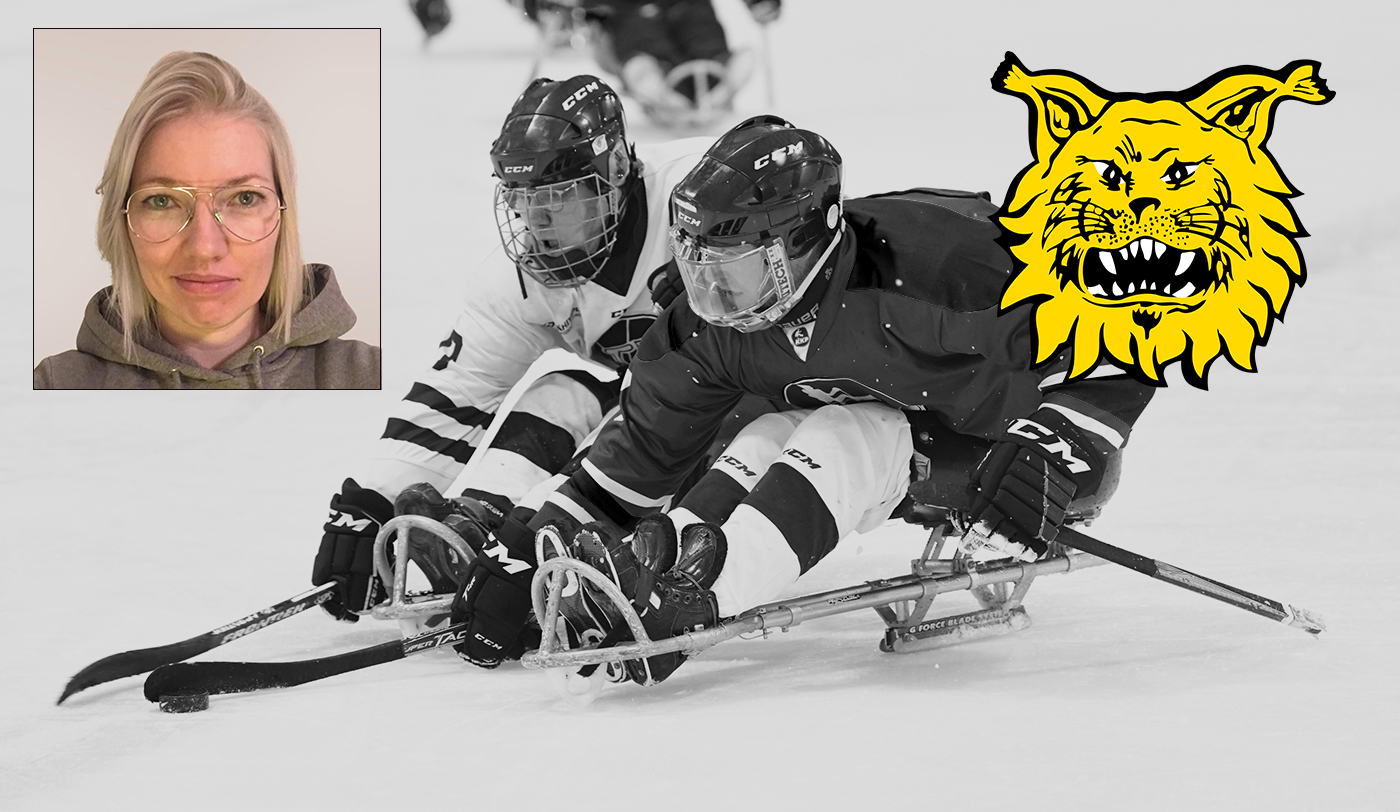 Ilveksen pelaajia jäällä, mustavalkokuva, ilveksen logo ja Eveliina liitettynä erillisenä kuvanaan kuvan päälle.