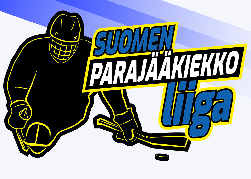 Parajääkiekkoliigan logo- /mainoskuva: piirretty pelaaja liukuu kiekon perässä Suomen parajääkiekkoliiga -tekstin takaa.