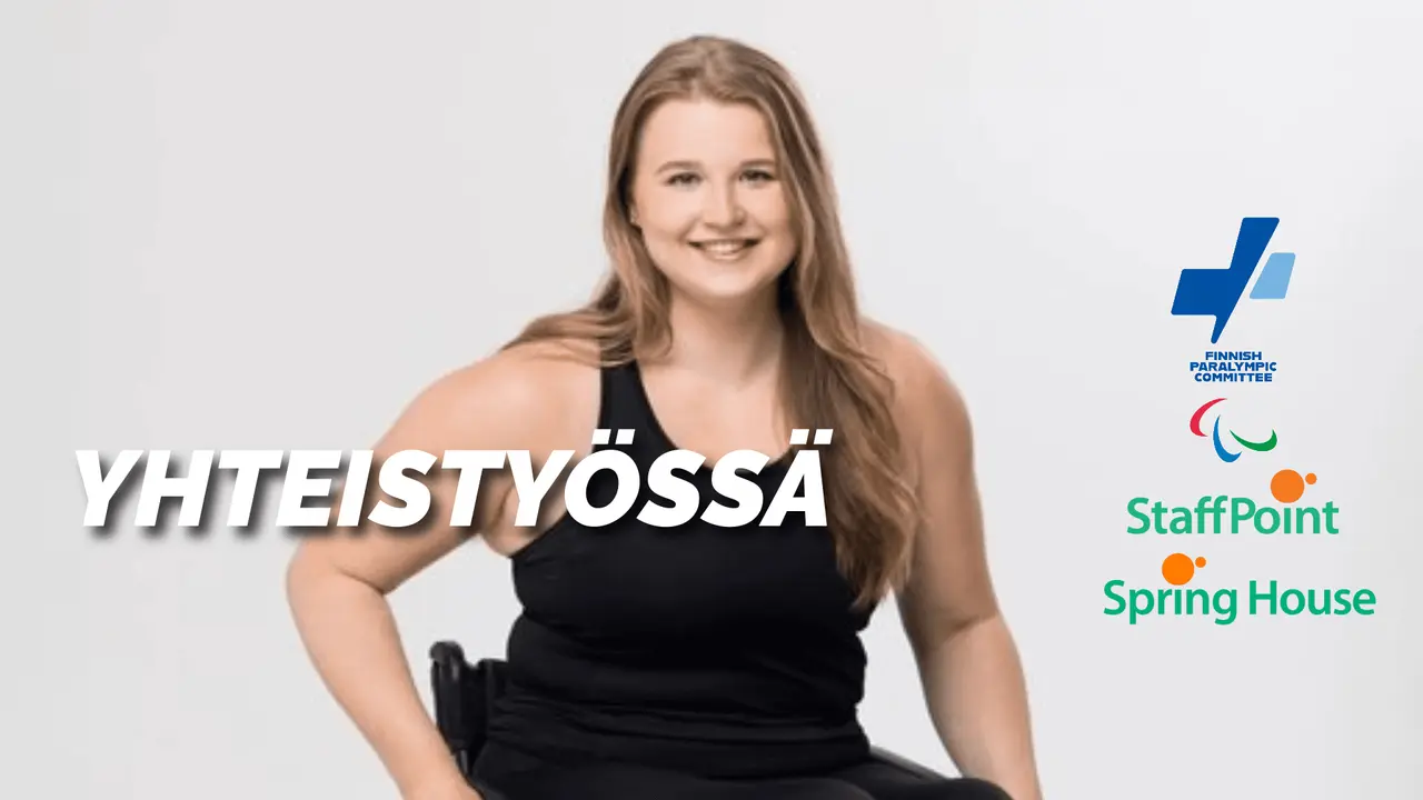 Nette Kiviranta hymyilemässä kameralle. Kuvan päällä valkoinen teksti: yhteistyössä sekä Paran ja Spring Housen ja StaffPointin logot.