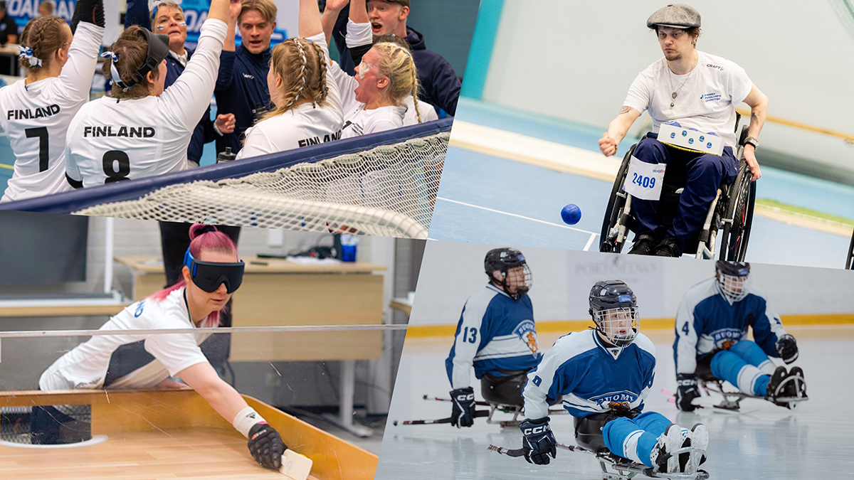 Suomen maalipallonaiset juhlimassa maalin edessä, Antti Eemeli Huttunen heittämässä bocciapalloa, Hanna Vilmi kurottamassa palloon sokkopingispöydän päädyssä, Paraleijonia luistelemassa jäällä Suomen