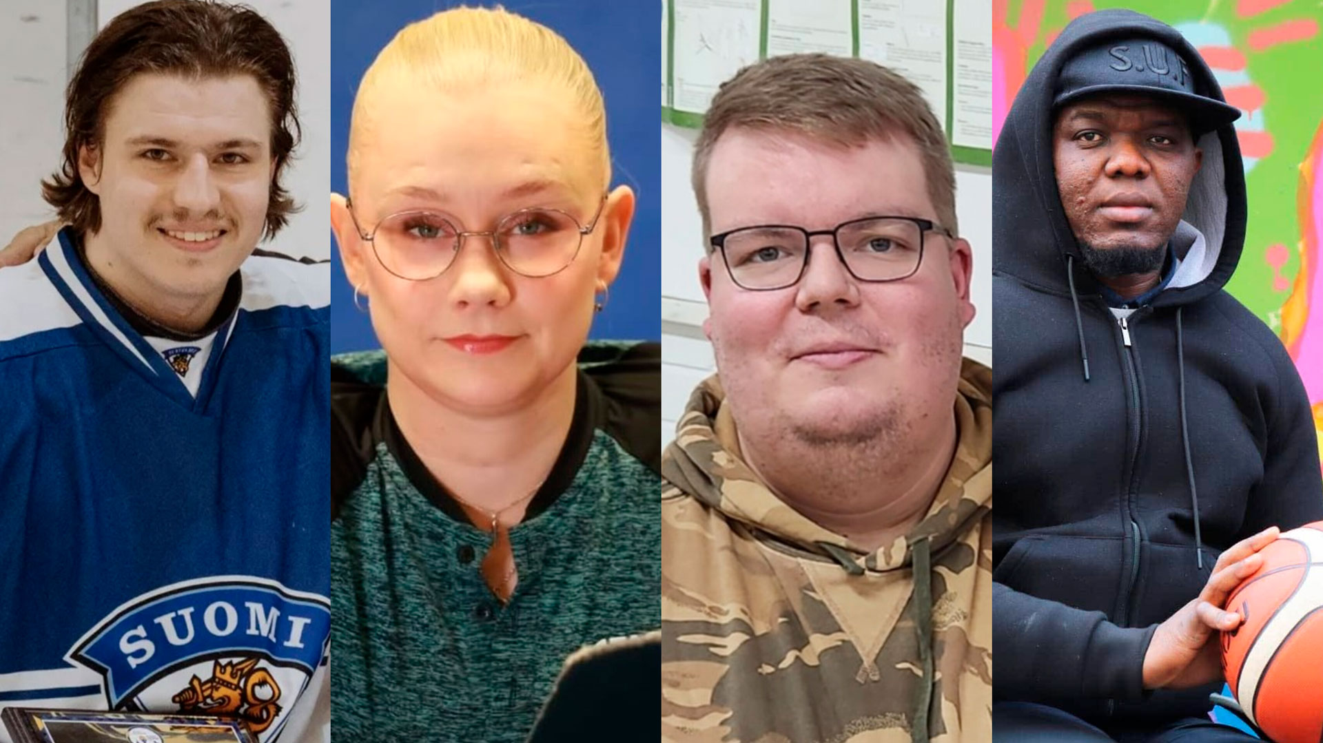 Kuvakollaasi, jossa Nemo Pajula, Aino Tapola, Jere Forsberg ja Felix Adje.
