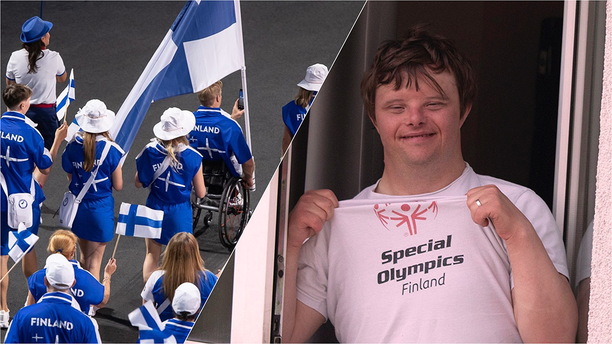 Paralympiajoukkue avajaiskulkueessa Suomen asuissa, kuvattuna takaa. Vierellä kuva hymyilevästä down-urheilijasta nostamasssa paidastaan esiin Special Olympics Finland -logoa.
