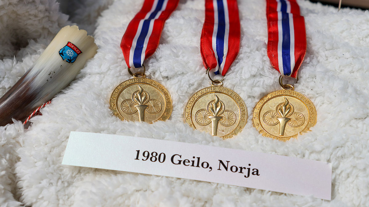 Pehmusteisen alustan päällä riviin aseteltuna kolme kultaista mitalia puna-valko-sinisissä kaulanauhoissa. Alla paperinen kyltti, jossa lukee 1980 Geilo, Norja.