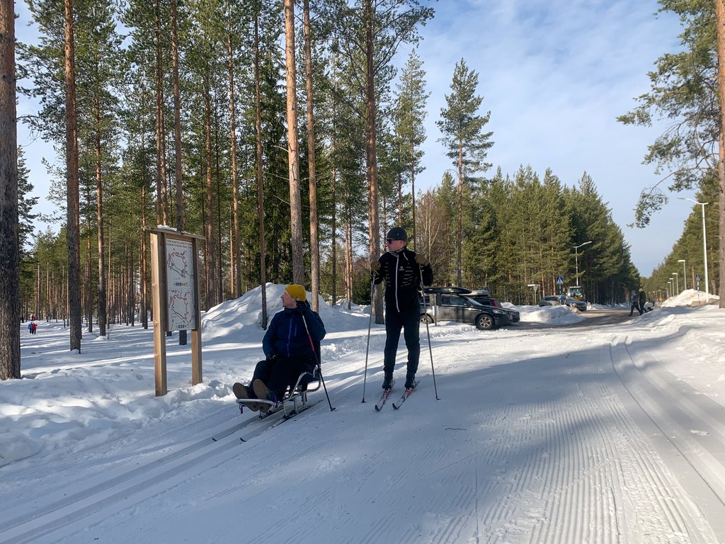 Metsän laidalla talvisessa ja kirkkaassa maisemassa hiihtoladulla pysty- ja kelkkahiihtäjä tutkailevat opastaulua.
